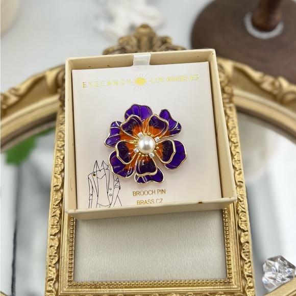 eye candy Jewelry - Eyecandy LA Enamel Flower Brooch – Purple & Orange with Pearl Center